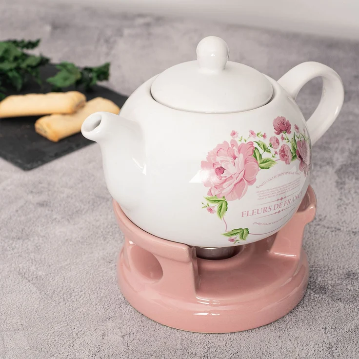 KADAX Teekanne 1L mit Stövchen Set, Kaffeekanne aus Porzellan mit Deckel, Griff und Teestövchen, Kanne mit Teelicht Wärmer für Tee, Teeservice (Rosa/Weiß, Ohne Tassen) – Bild 2