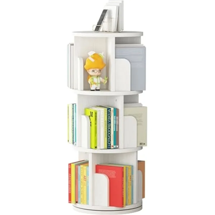 GarveeLife Drehbares Bücherregal aus Massivholz, 360-Grad-Anzeige, Aufbewahrungsregal für Kinder und Erwachsene, multifunktionaler Bücherregal-Organizer (3 Etagen, weiß, 40 x 40 x 98 cm) – Bild 1