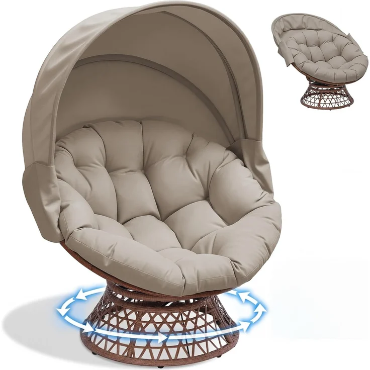 COMHOMA Papasansessel, gemütlicher Drehsessel mit Kissen rund, bequemer Rattansessel, Loungesessel drehbar, runder Relax Korbsessel Rattan für Wohnzimmer, Leseecke, Lounge - braun – Bild 1