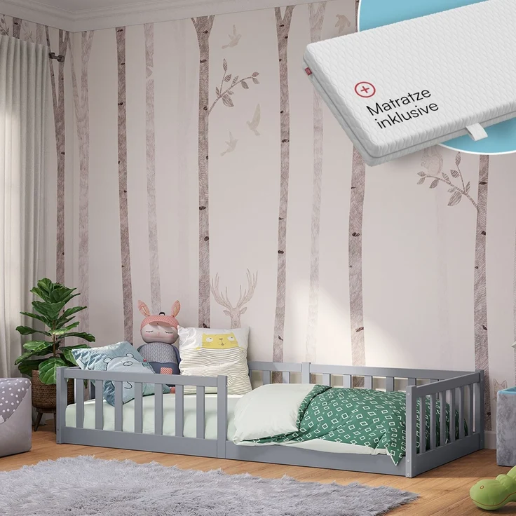 Bellabino 'Vere' Bodenbett 90x200 cm mit Matratze, grau, Massivholz Kiefer, Montessori Kinderbett mit Rausfallschutz und Lattenrost – Bild 1