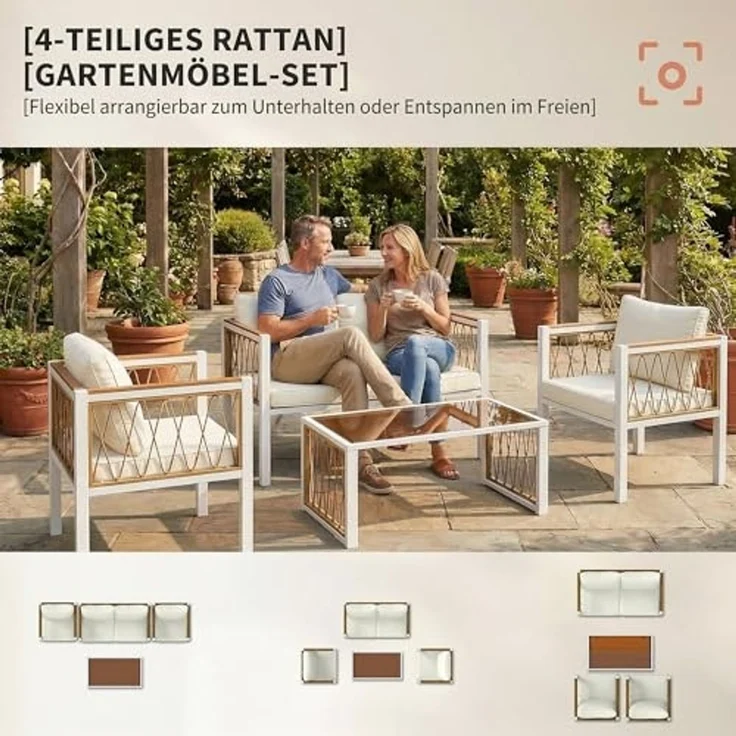 Outsunny Sitzgruppe mit Zweisitzer, 2 Sessel, Glastisch, Kissen, rutschfesten Matte, (Lounge-Set, 4-tlg, Gartenmöbel Set), für Garten Balkon Cremeweiß – Bild 3