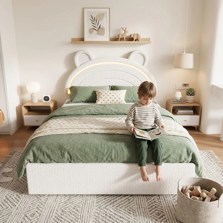 Abrihome Kinder-Polsterbett 140x200 cm, Beige, Bären-Kopfteil, 4 Schubladen, App-LED, 220 kg – Bild 7