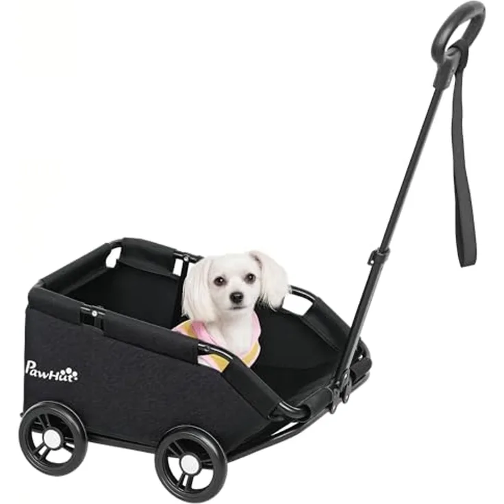 PawHut Hundebuggy klappbarer Hundewagen für Zwergenhunde bis zu 4 kg, (Katzenbuggy, 1-tlg), mit Griffstange, waschbarem Kissen, Sicherheitsleinen, Räder, Schwarz