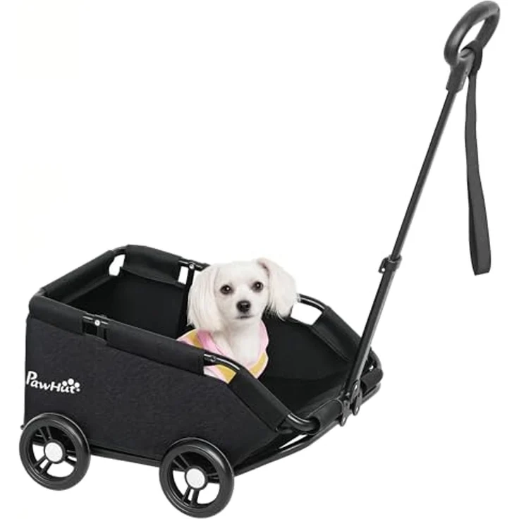 PawHut Hundebuggy klappbarer Hundewagen für Zwergenhunde bis zu 4 kg, (Katzenbuggy, 1-tlg), mit Griffstange, waschbarem Kissen, Sicherheitsleinen, Räder, Schwarz – Bild 1