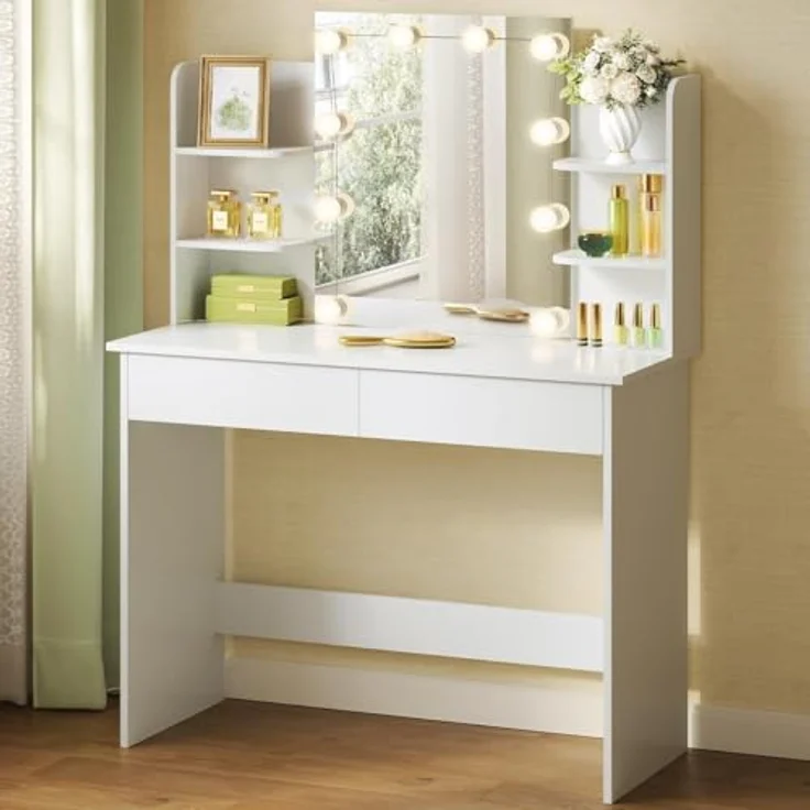 WOLTU Schminktisch Hollywood mit LED-Beleuchtung, Spiegel, 2 Schubladen und 4 offene Ablagen, Holz weiß, 90 x 135 x 40 cm – Bild 2