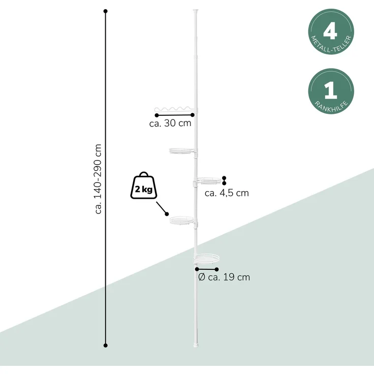 Teleskop-Blumenregal mit 4 Ablagen und Rankelhilfe, Blumentreppe höhenverstellbar von 140 bis 290 cm, weiß – Bild 7