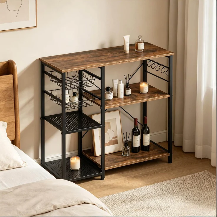 DESVIAE Regal mit Arbeitsplatte und Drahtkörben 90x82x40 cm Metall und Spanplatte Schwarz-Braun – Bild 3