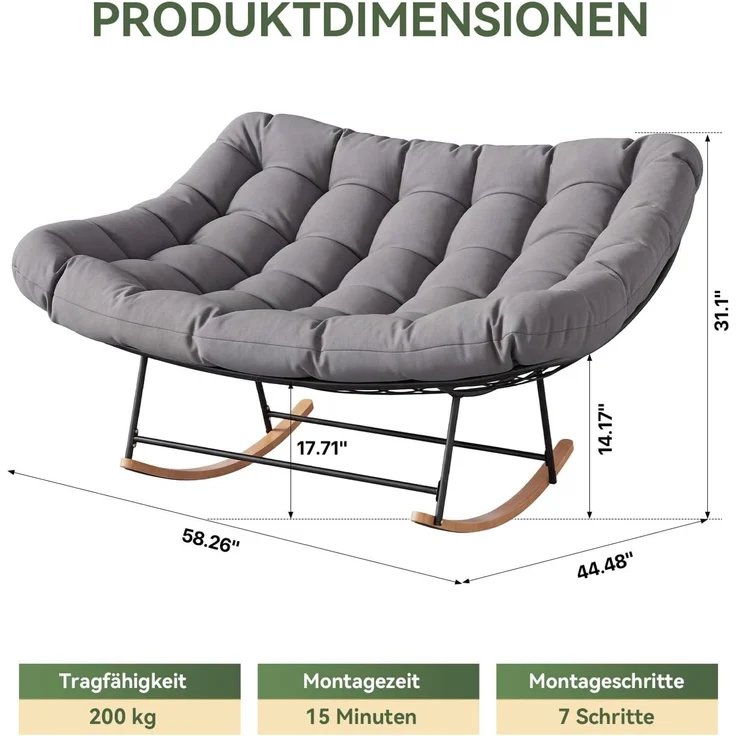 Aoxun Schaukelstuhl Outdoor,Ergonomischer Schaukelsessel für Indoor,Relaxsessel Garten,Balkon Sessel,148x113x79cm,Wetterfester Gartenstuhl Bequem,bis 200KG,Grau – Bild 2