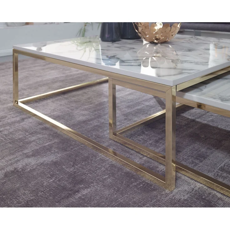 Wohnling Couchtisch 2er Set Weiß Marmoroptik Eckig Metallgestell Gold Modern 75x75x27 cm – Bild 6