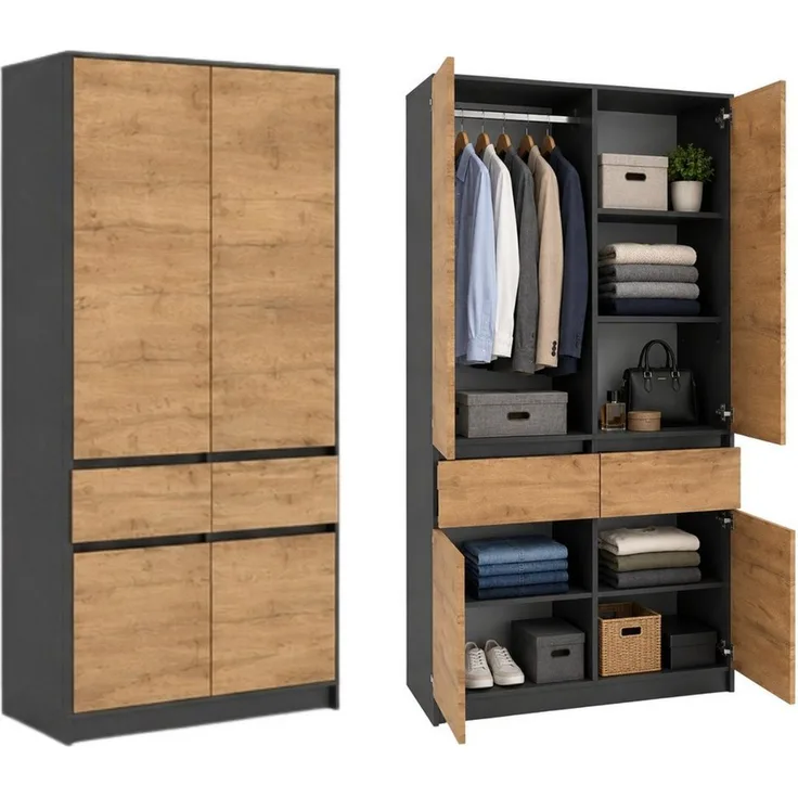 Home Collective Kleiderschrank Schrank Schlafzimmer Garderobenschrank Mehrzweckschrank Hochschrank (100 cm breit, mit 2 Schubladen, Kleiderstange & Einlegeböden) Wäscheschrank, vielseitig, grifflose Front, Anthrazit / Eiche