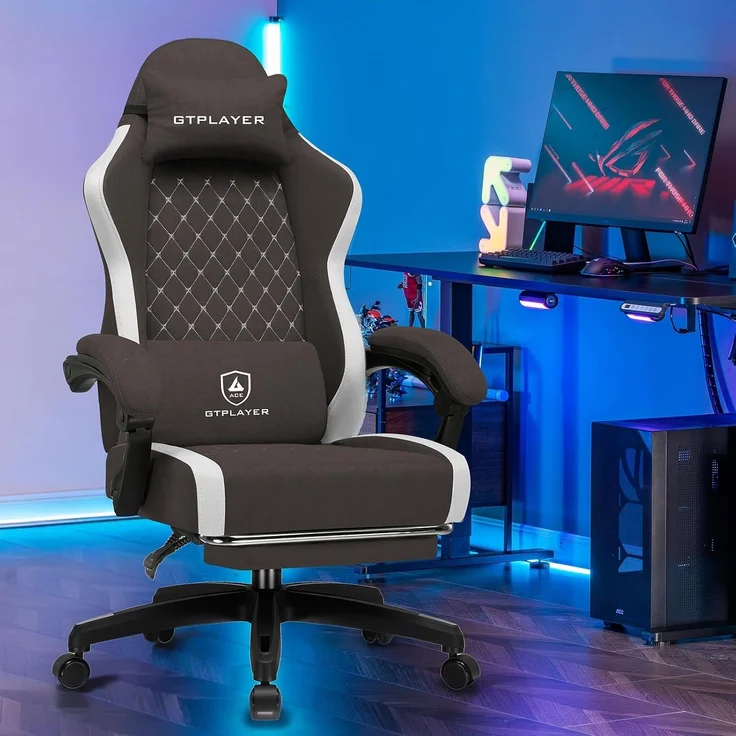 GTPLAYER Gaming Stuhl Ergonomischer, PC Stuhl Atmungsaktiver Stoff, Groß und Hoch Drehbarer Schreibtischstuhl mit Fußstütze,Verstellbare Lendenwirbelstütze und Kopfstütze,Braun – Bild 2