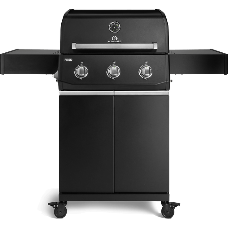 BURNHARD® Gasgrill 3-Brenner, 9,6 kW, Edelstahl-Stabbrenner, Piezo-Zündung, Edelstahlrost, große Grillfläche, Alu-Druckguss-Seitenteile – FRED Base - Schwarz - #947125