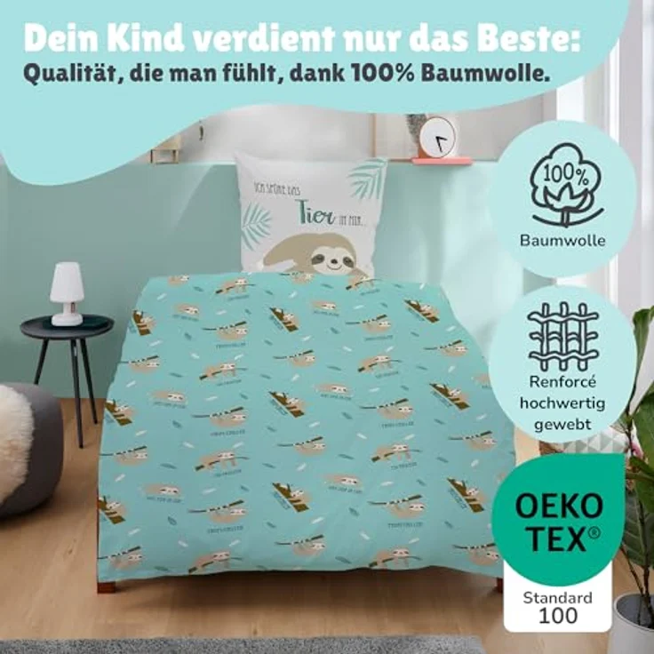 Faultier Wende Bettwäsche Set 135x200 + 80x80 cm Linon mit Reißverschluss – Bild 7