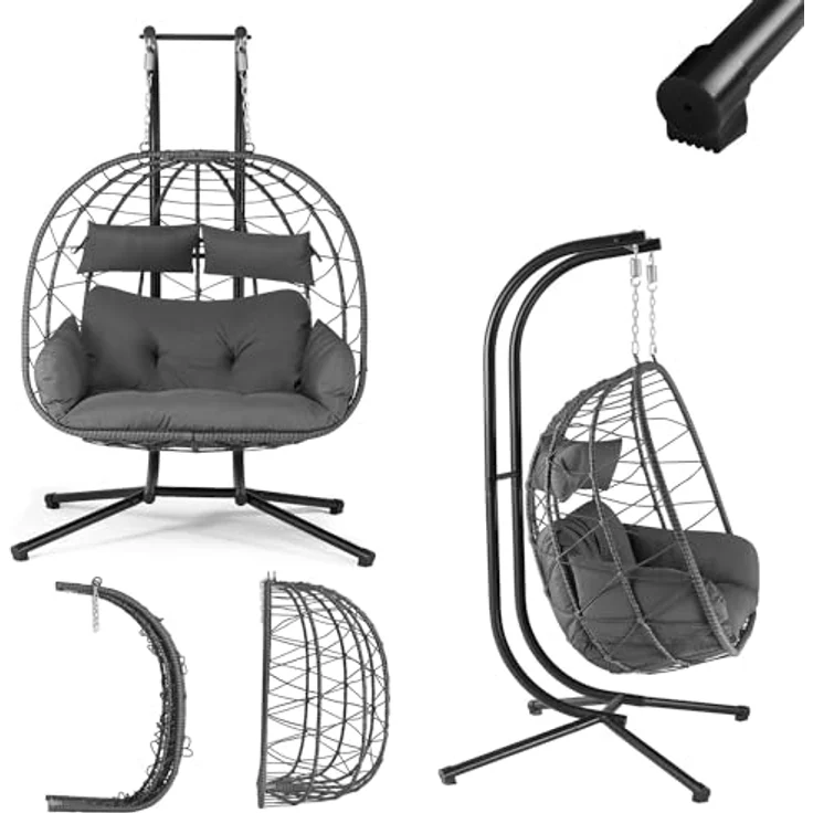 Juskys Doppelhängesessel Aria - Polyrattan Hängesessel mit Gestell & Kissen - Schaukel für zwei Personen - Outdoor Indoor Sessel - XXL Korb Grau – Bild 2