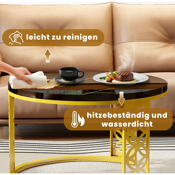 2er-Set Couchtisch nestbar 70x70x45 + 45x45x37 cm, Marmor-Furnier, Metallrahmen, Kontrastdesign – Bild 6