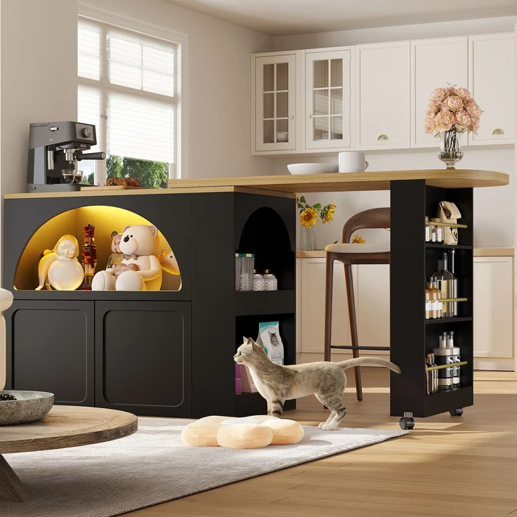 Merax Ausziehbarer Bartisch mit Stauraum(135-205×39×100cm) , Moderner Beweglicher Bar Table, Teleskopischer Bartisch mit LED Hochtisch Kücheninsel, schwarz – Bild 2