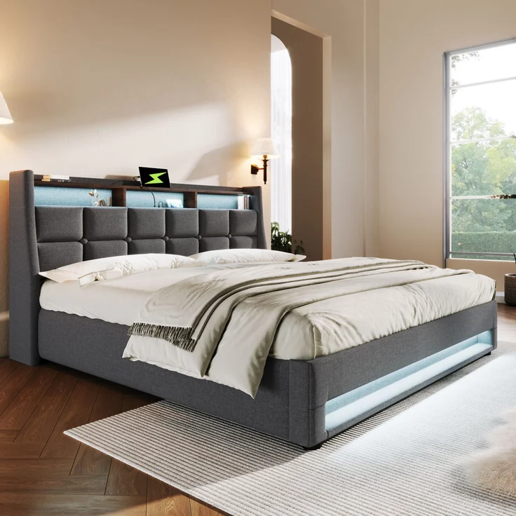 EINHOM Polsterbett mit USB 160 x 200 cm, LED Einzelbett mit Lattenrost aus Metallrahmen, Bettgestell aus Leinenmaterial Jugendbett, Grau (Ohne Matratze) – Bild 6