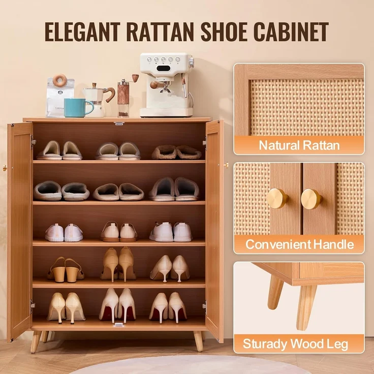 VEVOR Rattan-Schuhschrank 5-stufiger Schuhschrank Schuhkommode mit 2 Türen & verstellbaren Regalen, 102 cm hoher Rattan-Schuhschrank für den Eingangsbereich, ideal für Schrank Flur helle Holzfarbe – Bild 8