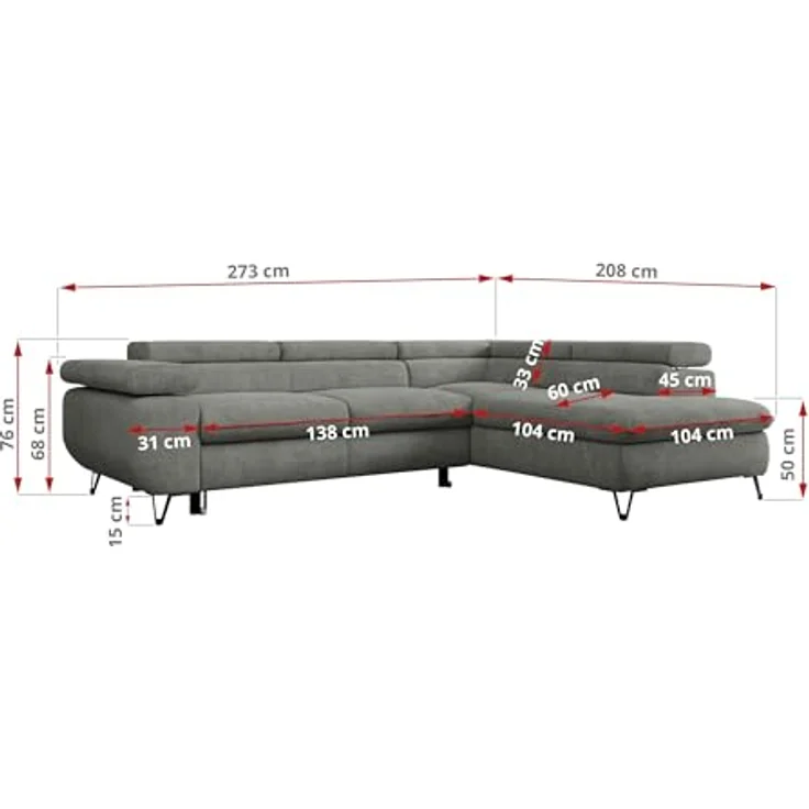 Mks Möbel 'Peter L-form' Ecksofa mit Bettfunktion, Bettkasten & einstellbaren Kopfstützen, Grau, Stoff, rechts – Bild 4
