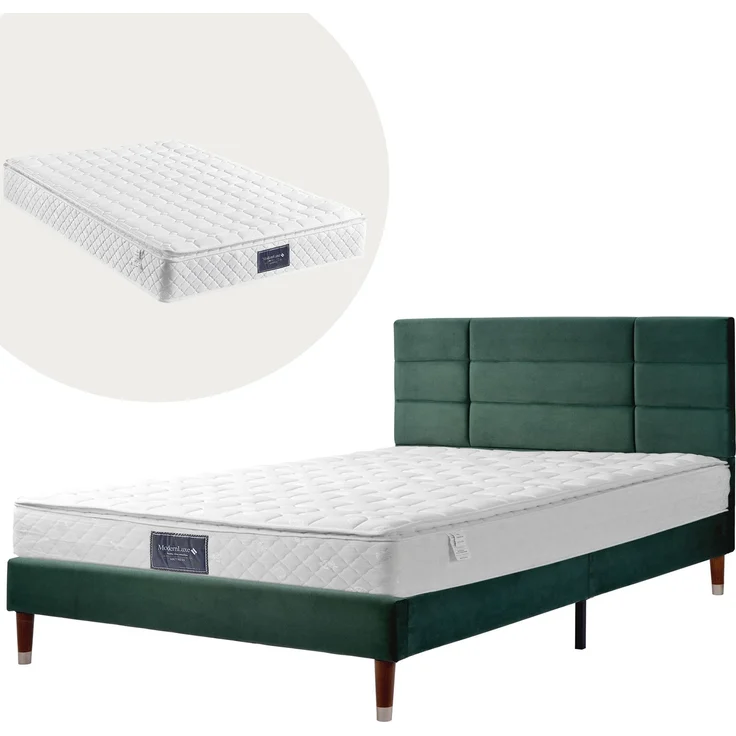 Polsterbett 140x200 mit hohem Kopfteil, Stauraum unter dem Bett, Leinenbezug, stabiles Doppelbett für Schlafzimme,Grün,mit matratze – Bild 2