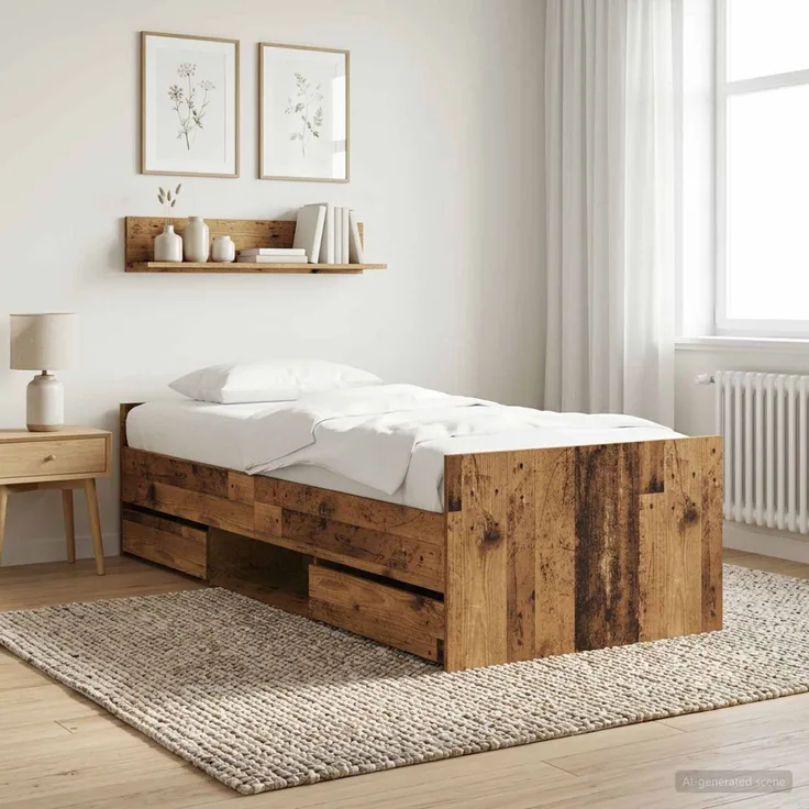 vidaXL Bettrahmen mit Schubladen mit Kopfteil Altholz Holzwerkstoff 3429512