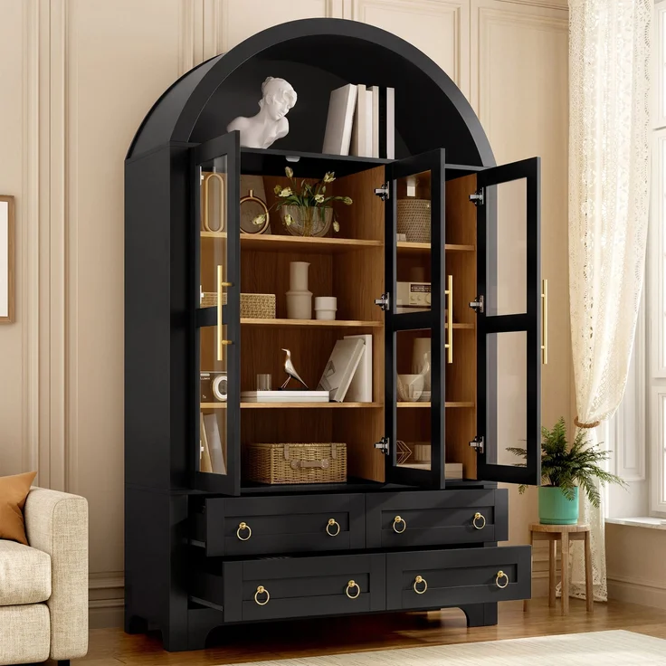 Flieks Vitrinenschrank, Hochschrank mit 3 Glastüren, 4 Schubladen & offener Bogennische, 110 x 40 x 185 cm, Schwarz – Bild 3