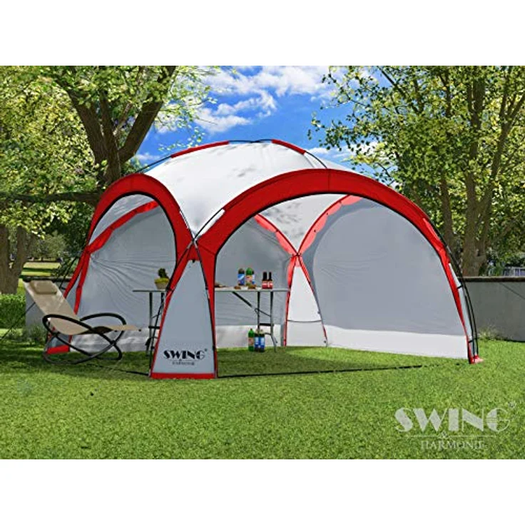 Swing & Harmonie LED Event Pavillon DomeShelter 3,6 x 3,6m mit Solarmodul, 96 LED-Beleuchtung, inkl. 4 Moskito-Netz- und 2 blickdichten Seitenwänden, rot – Bild 4
