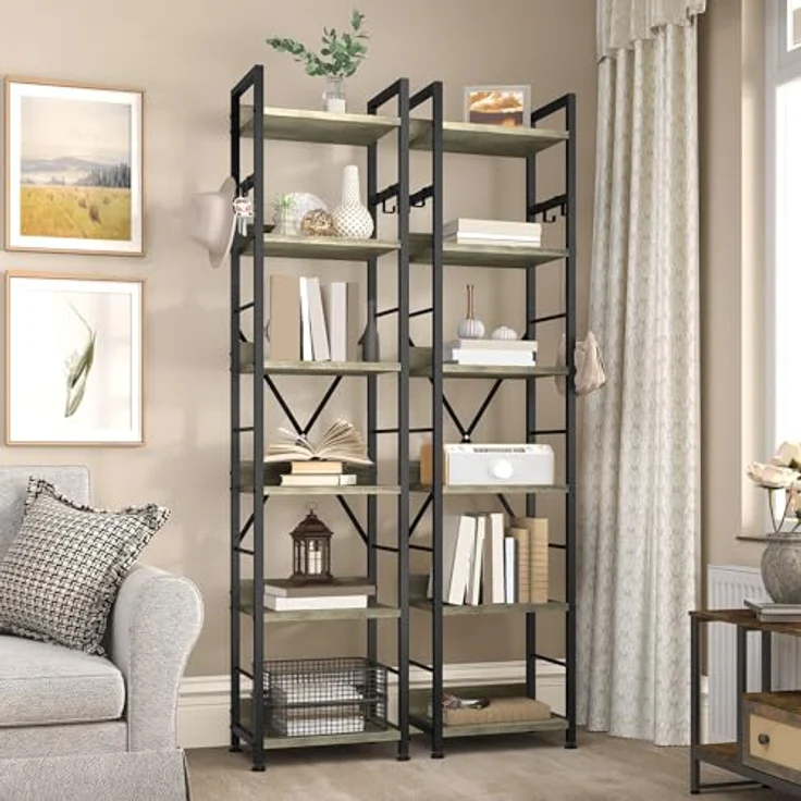 YITAHOME Bücherregal mit 6 Ebenen, Industrielles Standregal, Metallrahmen und Holzregale, Hohes Lagerregal mit 4 Haken, Präsentationsorganizer, für Wohnzimmer, Heimbüro, Grau Regal – Bild 6