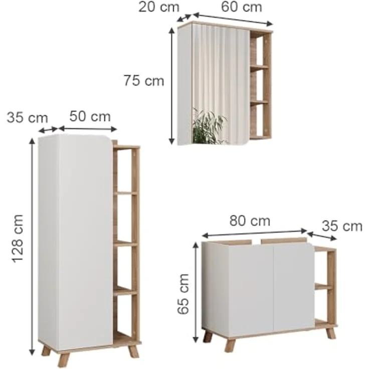 Vichy Badmöbelset Karen, 3-teilig, Waschbeckenunterschrank und Spiegelschrank, Sonoma/Weiss – Bild 2