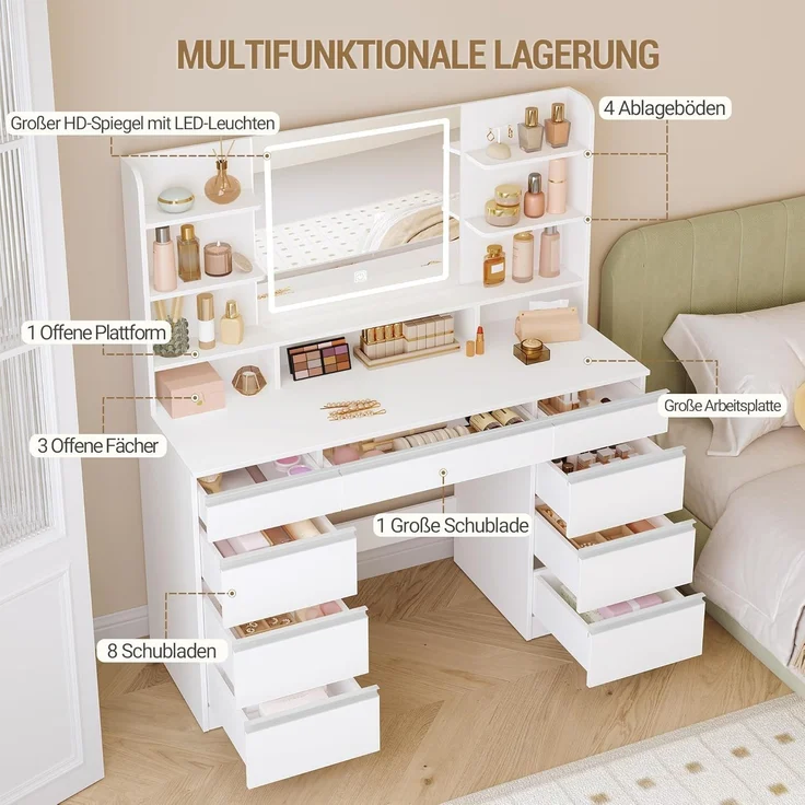 Großer Schminktisch mit LED-Beleuchtung, 3 Farben, Helligkeitsregulierung, Schminktisch mit Spiegel, 9 Schubladen, 9 offenen Ablagen, Moderner Stil, Weiß-Silber – Bild 2
