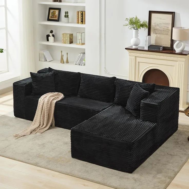 GarveeHome Modulares L-förmiges Ecksofa Cloud 106" – Großzügige Sitzfläche, tiefer Sitz, 5 Kissen, gemütlicher Cordbezug – Kein Aufbau nötig – Farbe: Schwarz