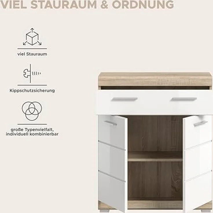 Xonox Lambada Standschrank breit (B/H/T 74x88x31) in weiß Hochglanz und Sonoma Eiche hell – Bild 6
