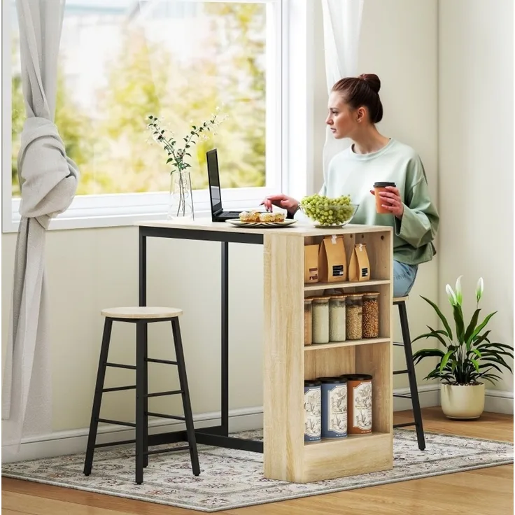 Esstisch-Set 91x49x91 cm in Schwarz mit Stauraum und 2 Hockern, industrielle Holzoptik