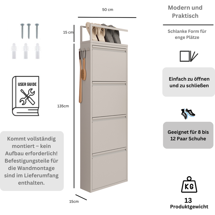 Schuhkipper mit Zubehör, Grau, 4 Klappen 52x15x151 cm, Pantoffelregal, Hakenleiste – Bild 9