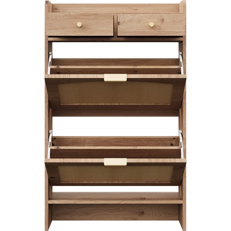 ZUBALIYA Schuhschrank (65 x 25 x 106 cm), 2 Klappfächer und 2 Schubladen, Fronten in Flechtoptik, Aus Spanplatte, Naturfarben – Bild 16