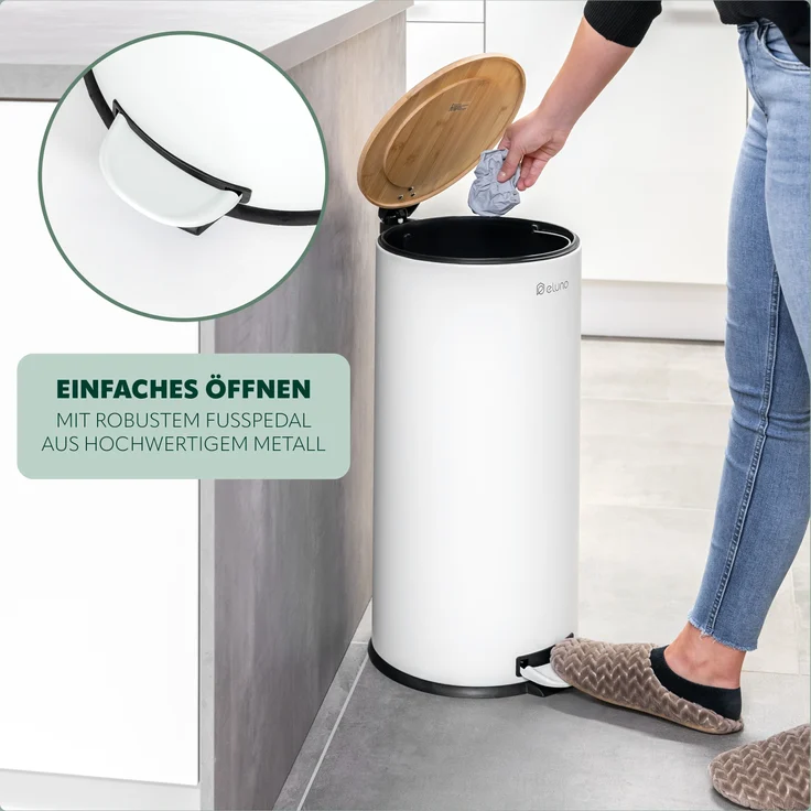 eluno Mülltrennsystem Treteimer, 30 Liter aus Bambus und weißem Metall – Bild 4