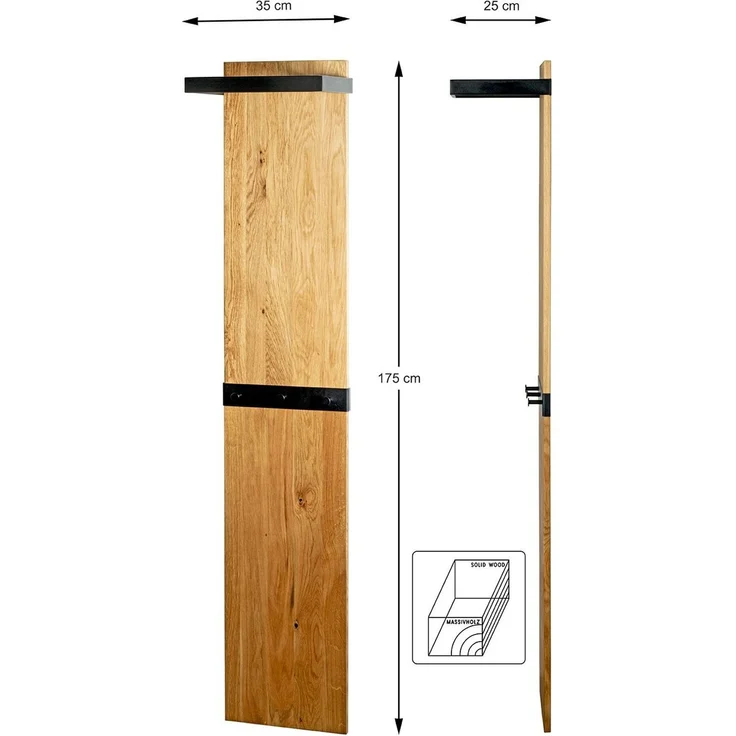 Haku Wandgarderobe aus Eiche Massivholz mit schwarzem Metallrahmen, 7 Haken und Kleiderstange, 35x25x175 cm – Bild 9