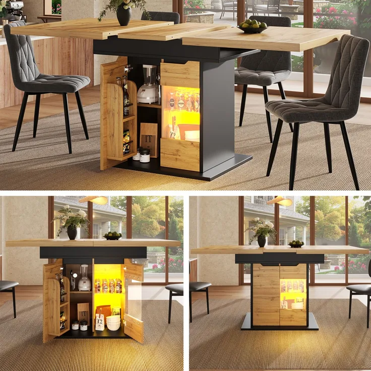 Esstisch Teleskoptisch(110-140×80cm), klappbarer Küchentisch für 4-6 Personen, Ausziehbarer Esstisch ,platzsparender Küchentisch, Tisch mit LED-Beleuchtung und Snackablage Schranktüren