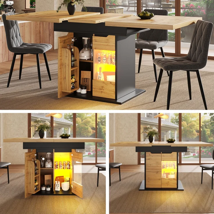 Esstisch Teleskoptisch(110-140×80cm), klappbarer Küchentisch für 4-6 Personen, Ausziehbarer Esstisch ,platzsparender Küchentisch, Tisch mit LED-Beleuchtung und Snackablage Schranktüren – Bild 1