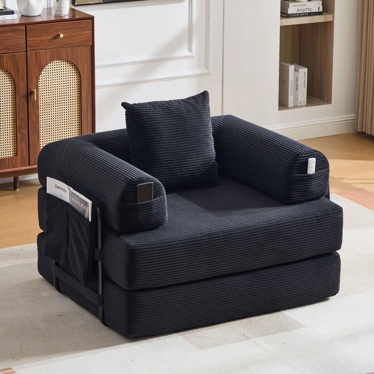 LVHOM 3-in-1 Schlafsessel, Klappsofa mit Schlaffunktion, Einzelschlafsofa mit Seitentaschen und Kissen, Polstersofa aus Cordstoff, frei Kombination, Schwarz