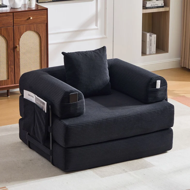 LVHOM 3-in-1 Schlafsessel, Klappsofa mit Schlaffunktion, Einzelschlafsofa mit Seitentaschen und Kissen, Polstersofa aus Cordstoff, frei Kombination, Schwarz – Bild 1