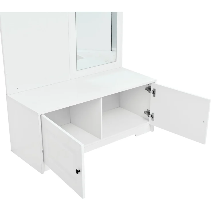 Flieks Garderobe 100 x 40 x 180 cm mit Spiegel, Schuhbank, 5 Haken, 2 Schränken und Regalfächern, Weiß – Bild 9