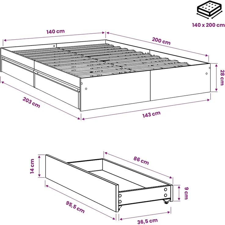 vidaXL Bettgestell mit Schubladen Sonoma-Eiche 140x200cm Holzwerkstoff 3280659 – Bild 10