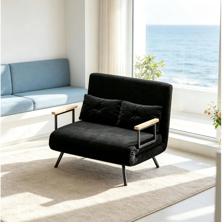 Schlafsofa, Samt mit 5-fach verstellbarer Rückenlehne, 102x73x81 cm, Schwarz – Bild 1