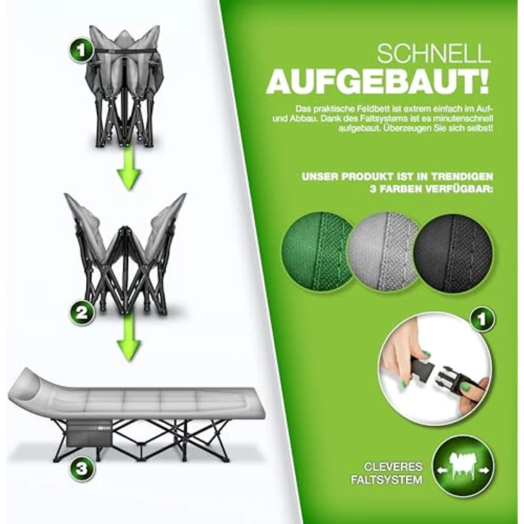tillvex® Campingbett Grau 210 x 80 x 40 cm klappbar mit Tragetasche bis 280 kg | Campingliege extra breit | Feldbett Karpfenliege für Outdoor & Indoor | Klappbett Gästebett faltbar Garten Camping Angeln Festival Reise – Bild 9