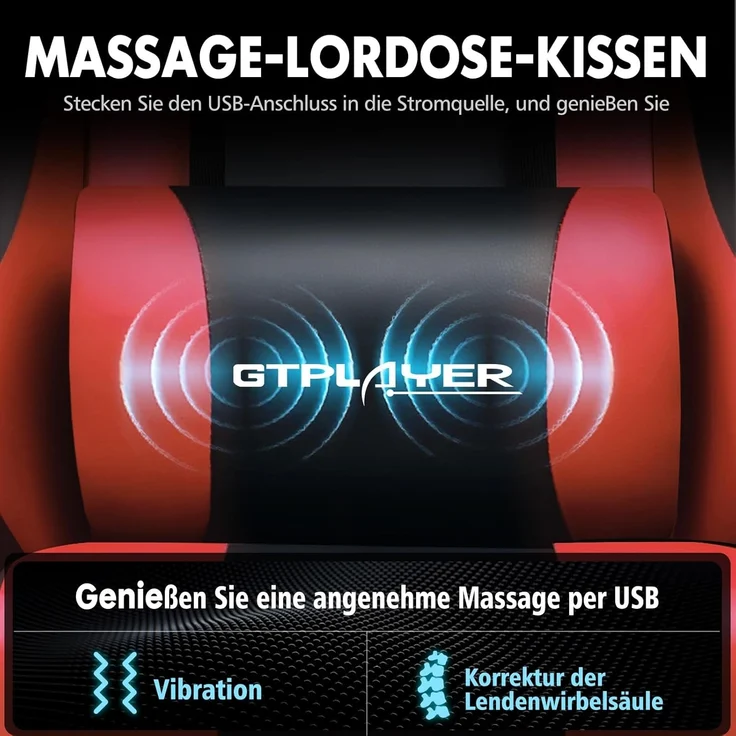 GTPLAYER Gaming Stuhl, Bürostuhl, Ergonomischer Pc Stuhl, Gaming Sessel mit Massagelendenwirbelstütze, Task Stühle mit Fußstütze und Kopfstütze, Rot Kunstleder – Bild 4