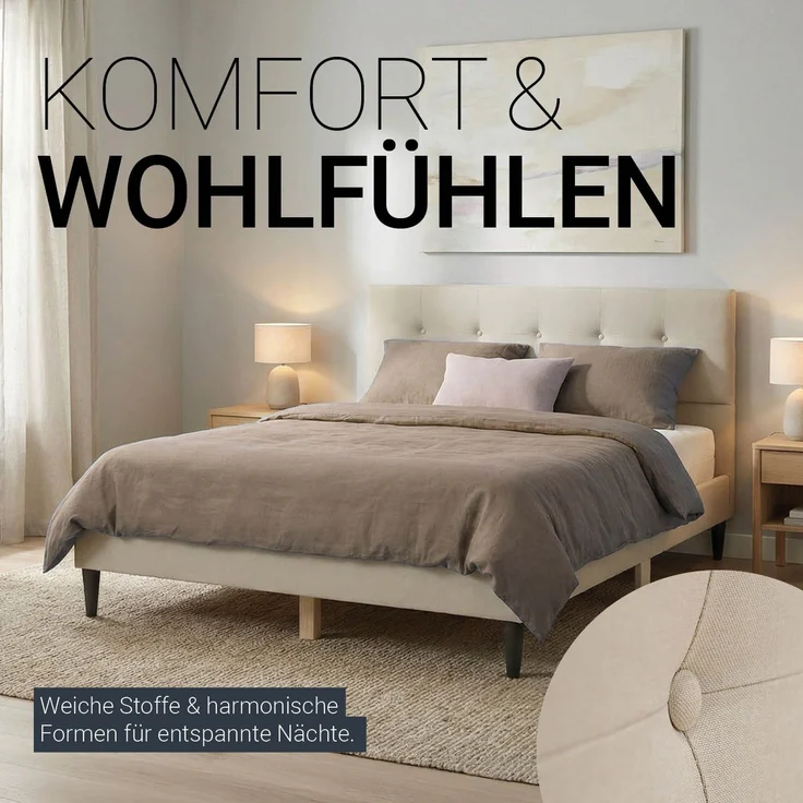 Polsterbett 140x200 cm Beige Doppelbett mit Lattenrost Stoffbett Bett Bettgestell – Bild 4