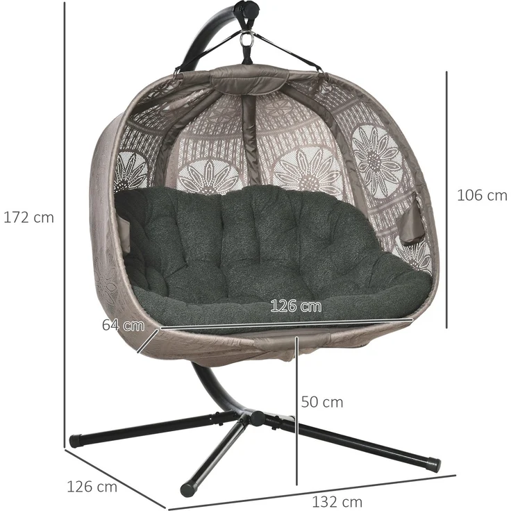 Hängesessel für 2 Personen 132 x 126 x 172 cm mit Stahlgestell, faltbarem Korb und Kissen – Sand – Bild 2