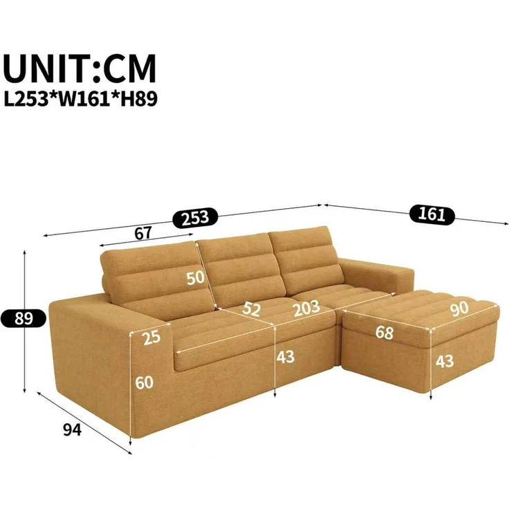 Ecksofa 253 x 161 x 89 cm in Orange, modulares Chenille-Sofa mit Hocker, rahmenlos und weich gepolstert – Bild 5