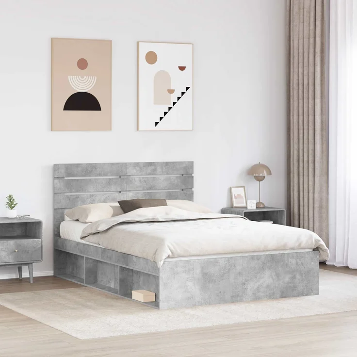 vidaXL Bettrahmen mit Kopfteil Beton 160 x 200 cm Massives Kiefernholz 3411394 – Bild 2
